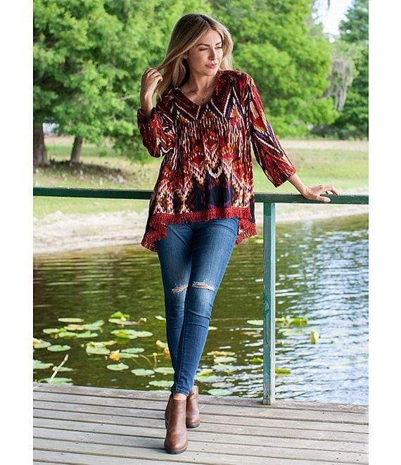 11834   Lara Woven Print Tie Point Collar V-Neck Long Sleeve Tassel Hem Top by Caite & Kyla Product Image