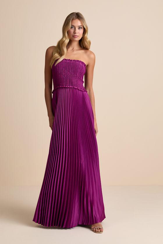 Damira Magenta Satin Pleated Strapless Maxi Dress Product Image