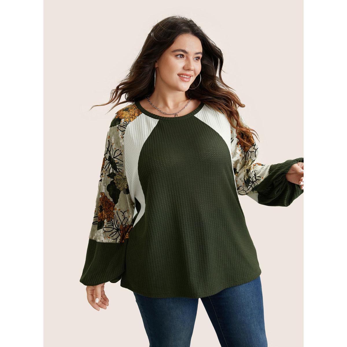 Plus Size Waffle Knit Patchwork Floral Print T-shirt ArmyGreen Women Casual Velvet Floral Round Neck Everyday T-shirts BloomChic 10/M Product Image