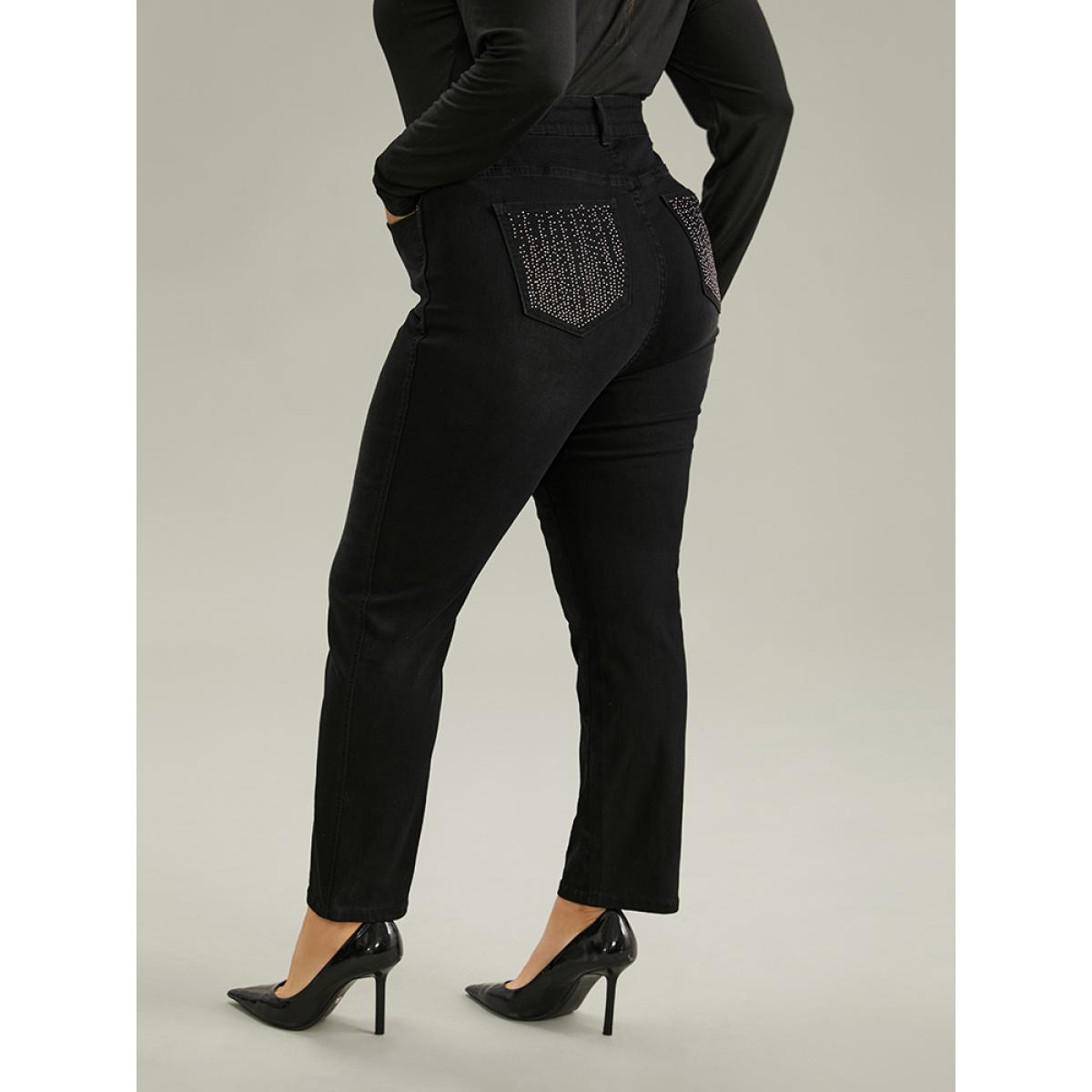 Plus Size Rhinestone Detail Straight Leg Black Wash Jeans Women DimGray Casual Plain Rhinestone detailing High stretch Pocket Jeans BloomChic 10/M Product Image