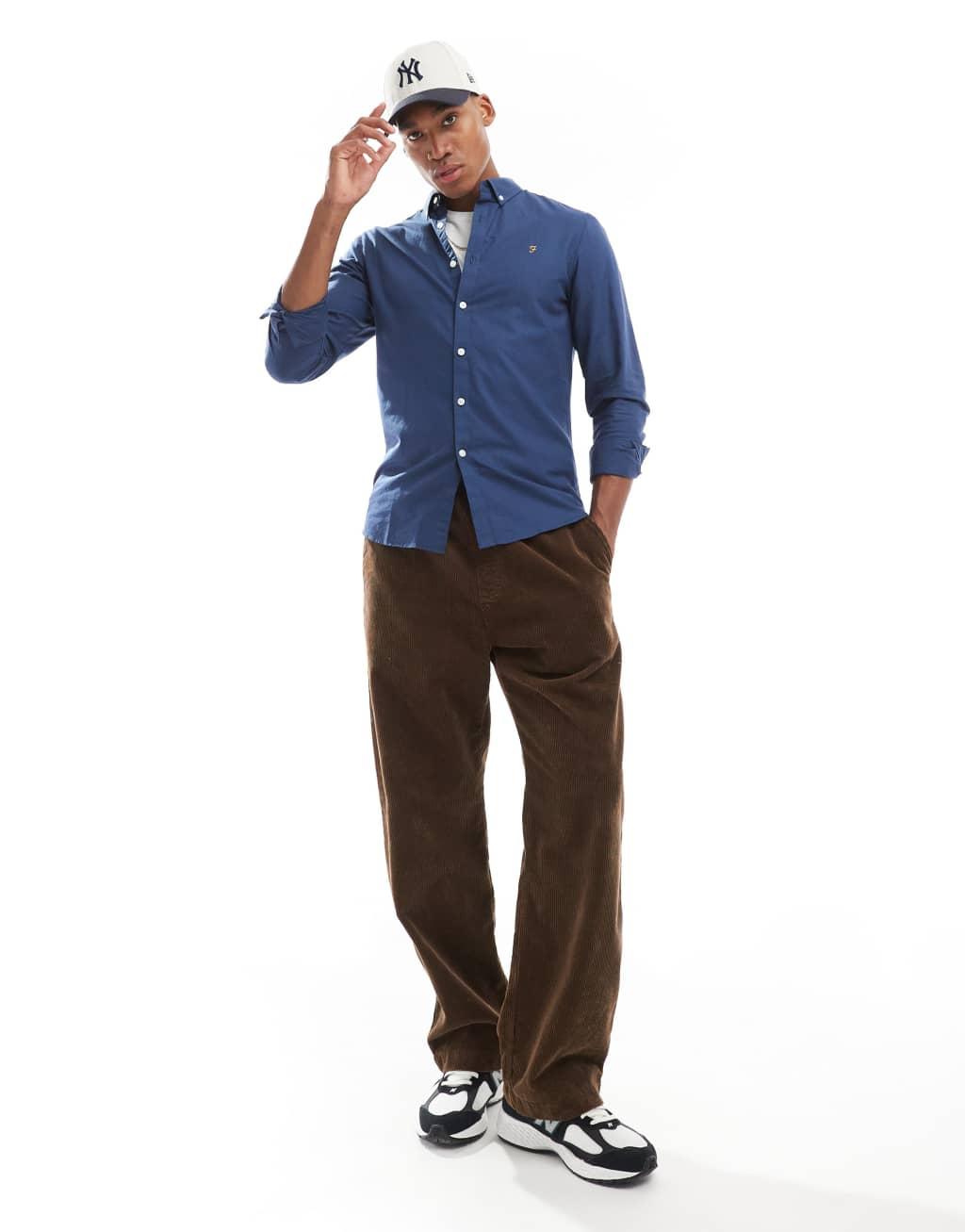 Farah Brewer slim fit long sleeve oxford shirt in blue  Product Image