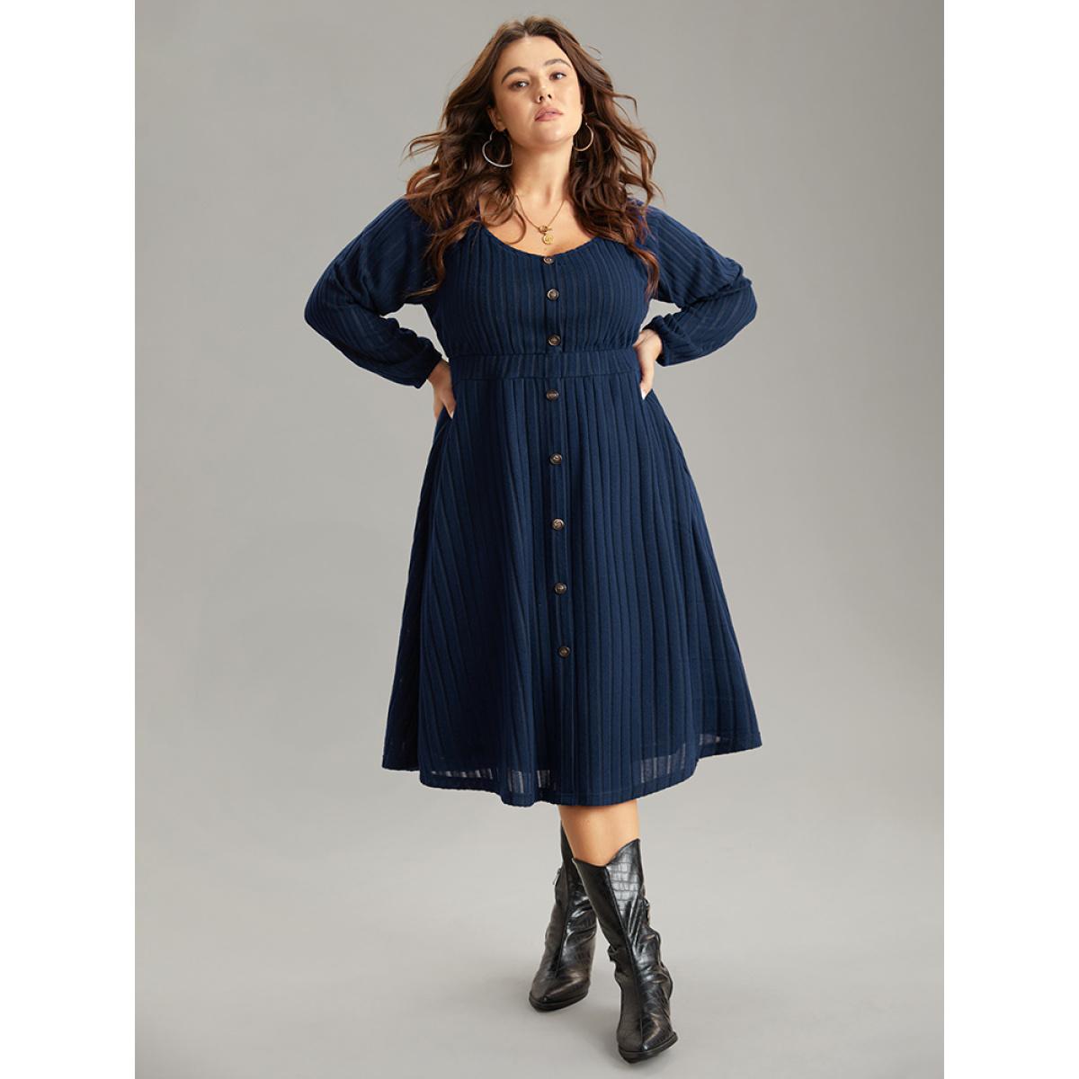 Plus Size Solid Rib Knit Gathered Scoop Neck Dress Indigo Women Basics Elastic cuffs Scoop Neck Long Sleeve Curvy Midi Dress BloomChic 30/6X Product Image