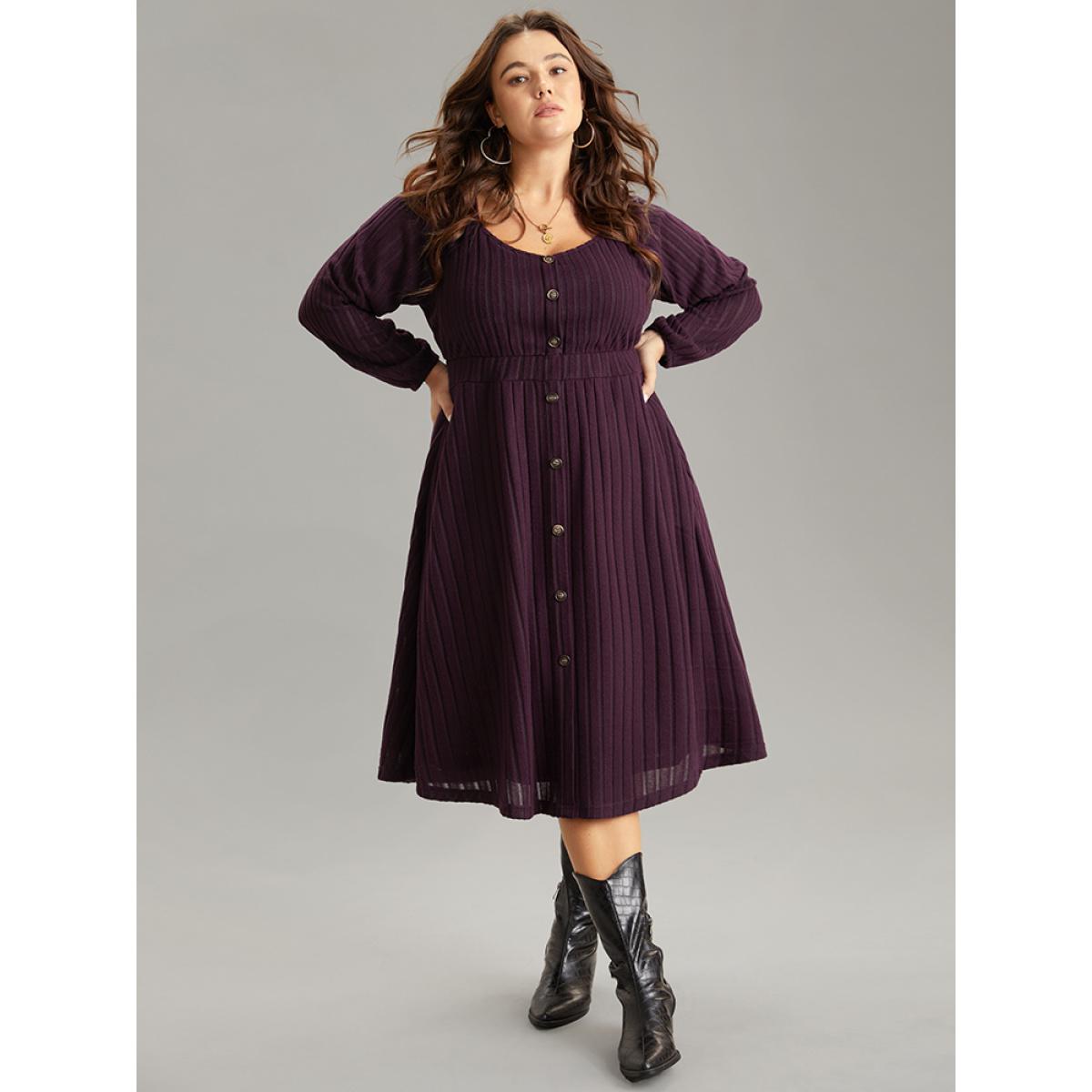 Plus Size Solid Rib Knit Gathered Scoop Neck Dress Purple Women Basics Elastic cuffs Scoop Neck Long Sleeve Curvy Midi Dress BloomChic 26/4X Product Image