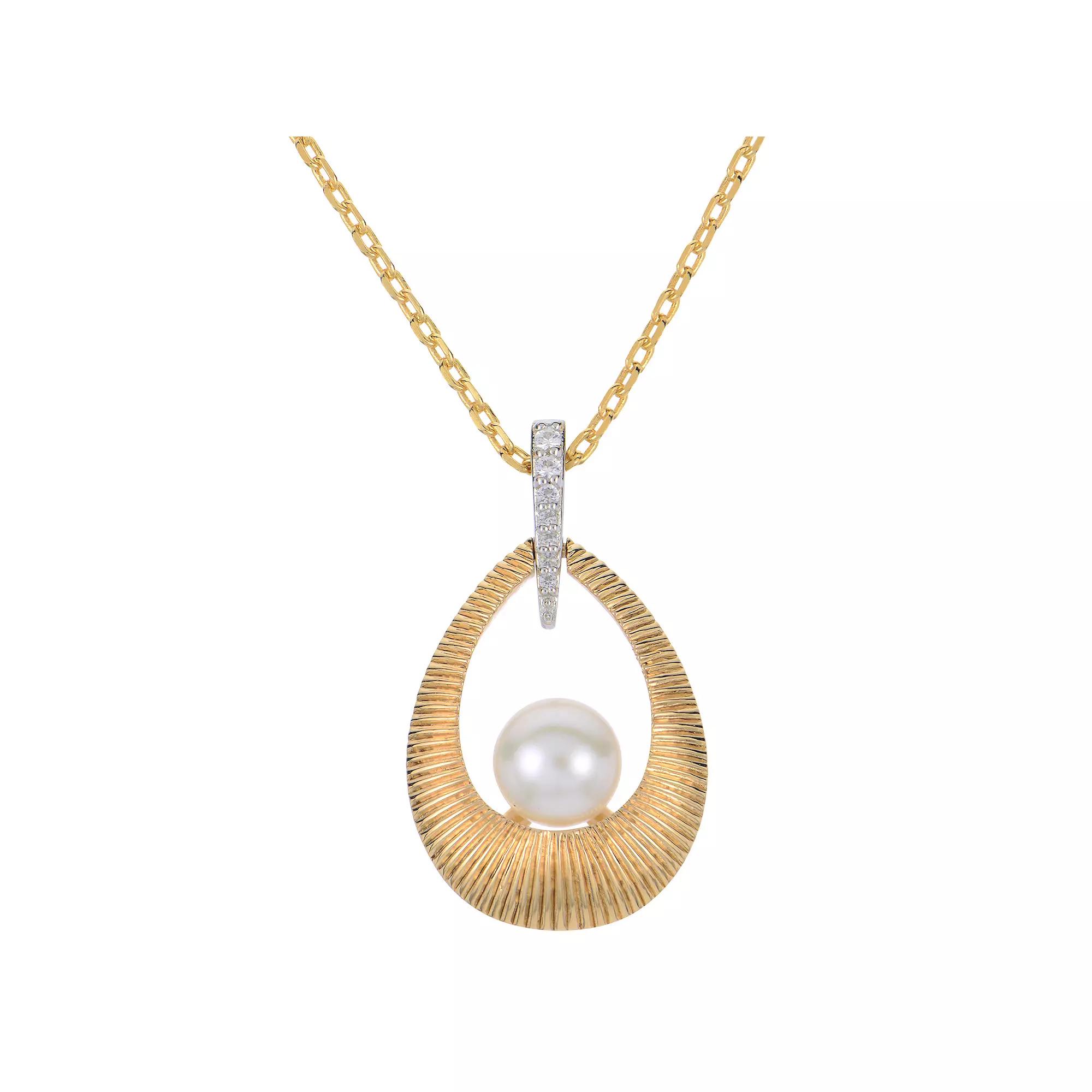 PearLustre by Imperial 14k Gold Over Silver Two Tone Freshwater Cultured Pearl & Lab-Created White Sapphire Door Knocker Pendant Necklace, Womens Product Image