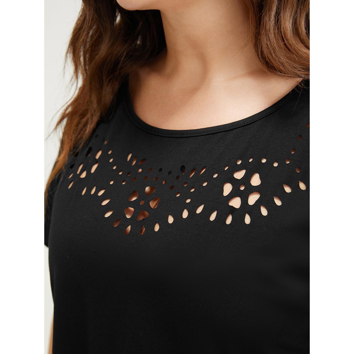 Plus Size Solid Roll Batwing Sleeve Laser Cut T-shirt Black Women Elegant Plain Round Neck Dailywear T-shirts BloomChic 12/L Product Image