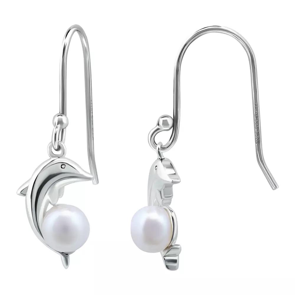 Aleure Precioso Sterling Silver Dolphin & Freshwater Cultured Pearl Drop Fishhook Earrings, Women's, Silver Tone Product Image