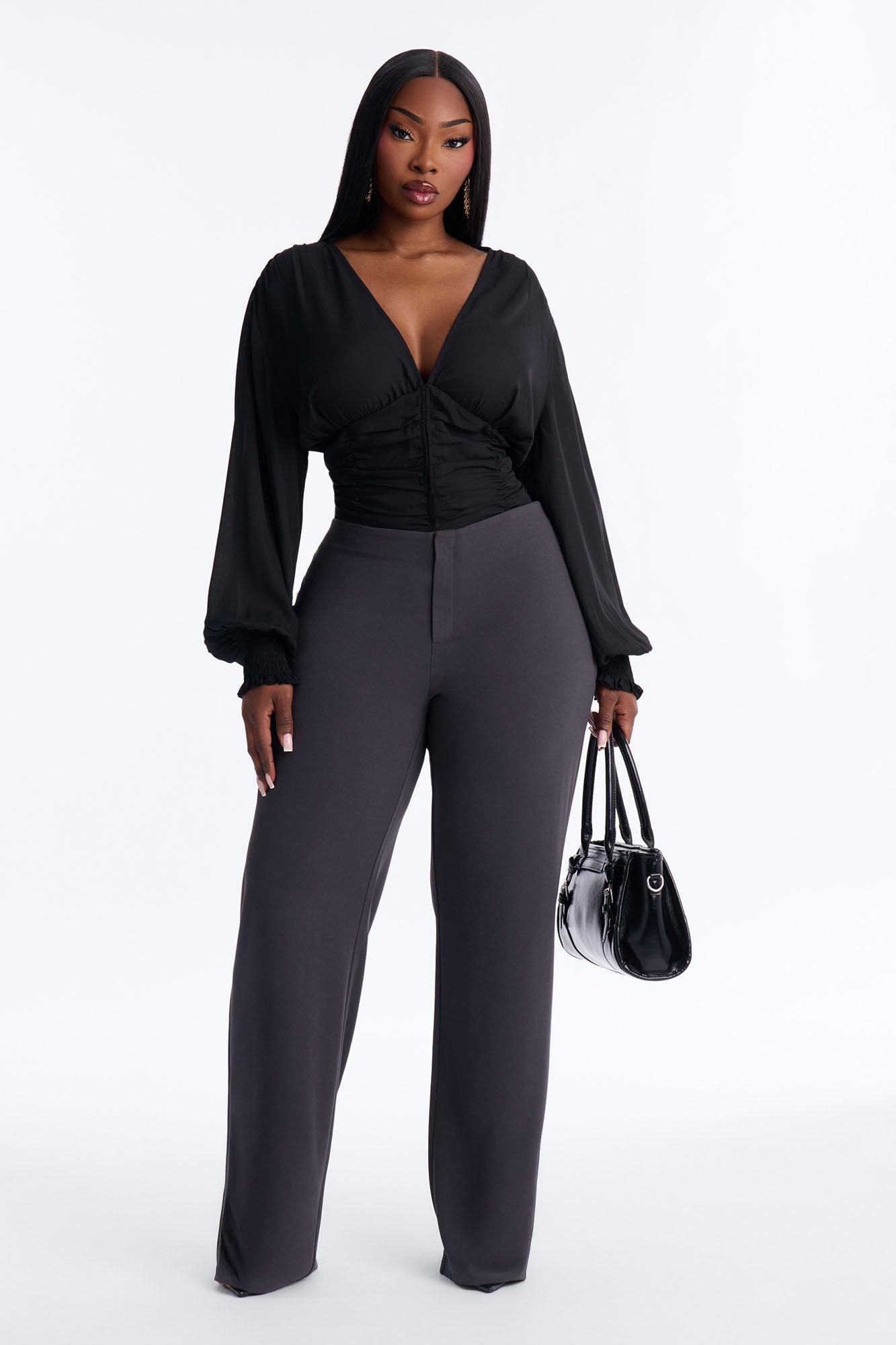Poppy Crepe Knit Low Rise Wide Leg Trouser Pant 33″ - Charcoal Female Product Image