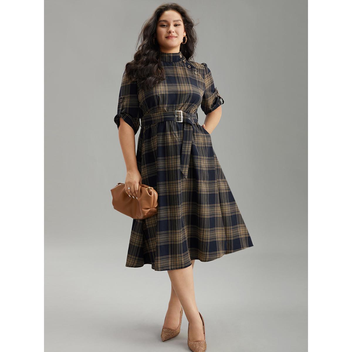 Plus Size Mock Neck Plaid Buckle Detail Belted Dress Indigo Women Office Belted Mock Neck Elbow-length sleeve Curvy Midi Dress BloomChic 10/M Product Image