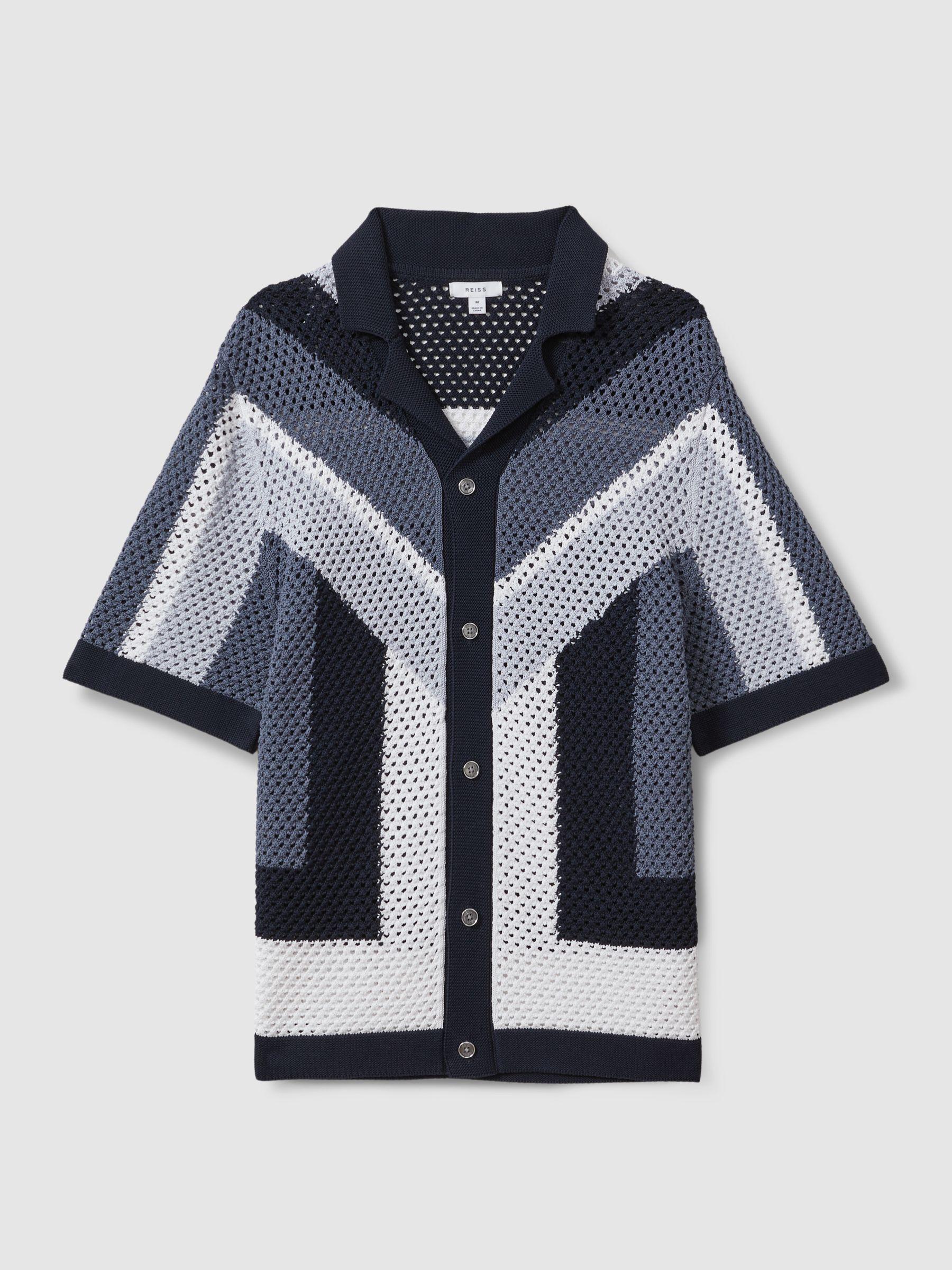 Cotton Blend Crochet Cuban Collar Shirt in Navy Multi Product Image