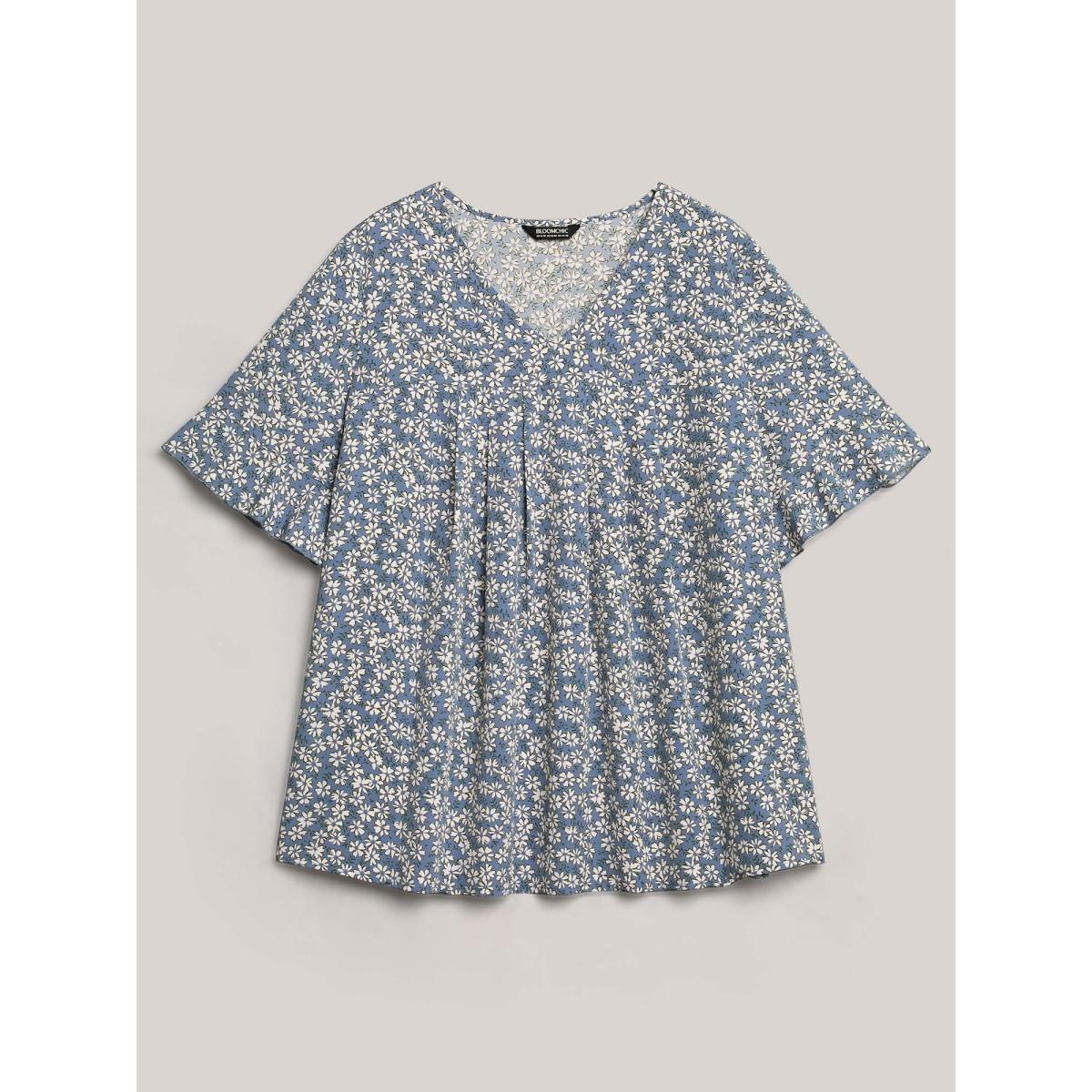 Plus Size LightBlue Ditsy Floral Pleated Flared Sleeve Shirt Women Timeless Half Sleeve V-neck Elegant Blouses BloomChic 22-24/3X Product Image