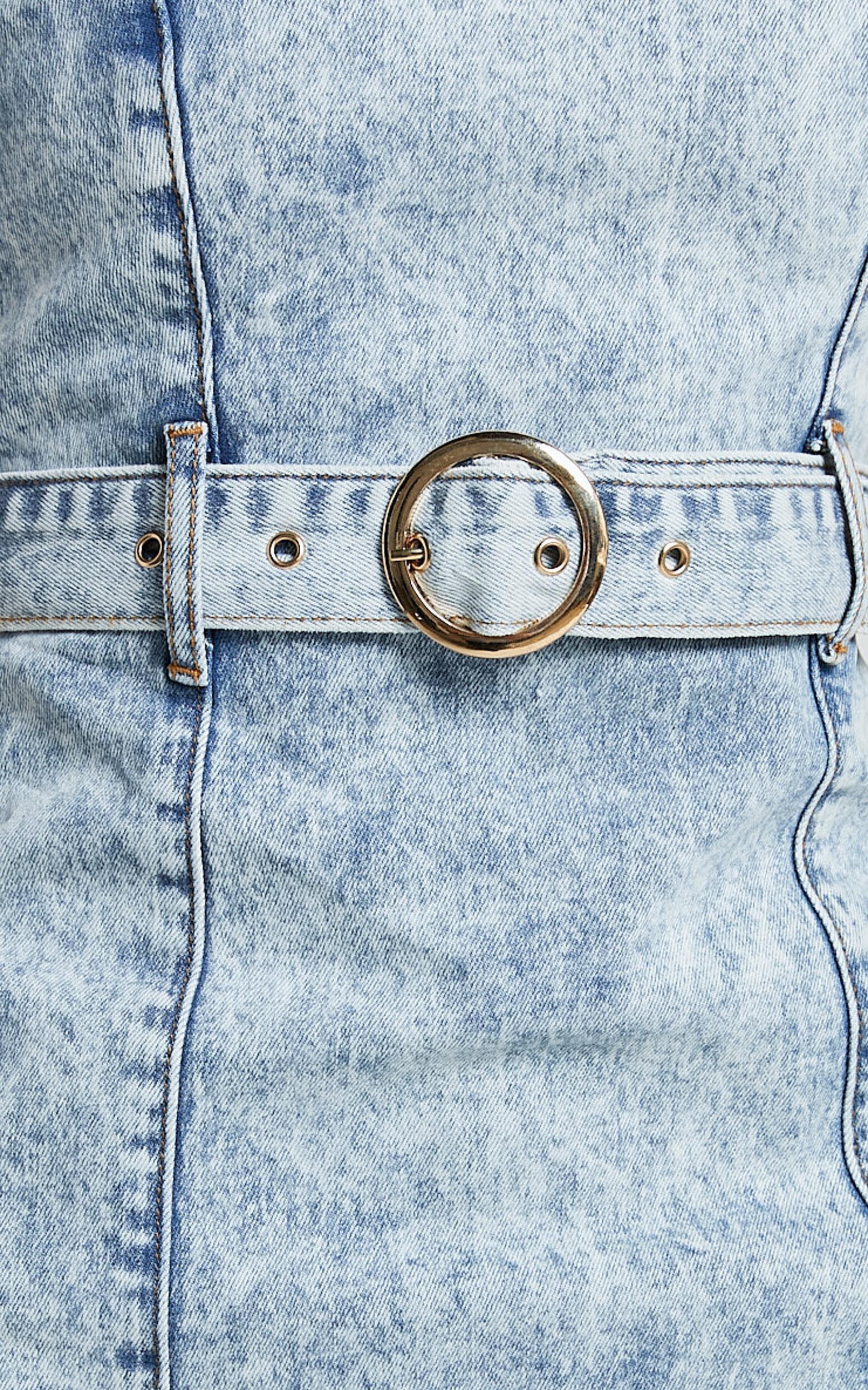 Izolda Mini Dress - Halter Neck Belted Bodycon Denim Dress in Light Blue Acid Wash Product Image