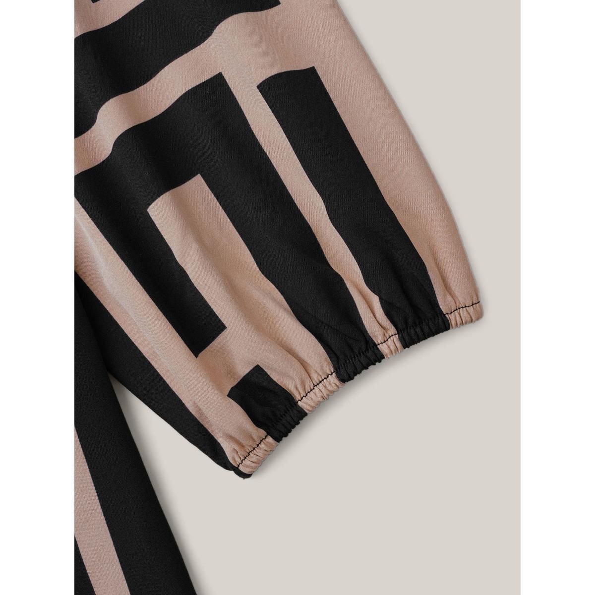 Plus Size Black Notched Geometric Colorblock Contrast Blouse Women At the Office Long Sleeve Notched collar Office Blouses BloomChic 12/L Product Image