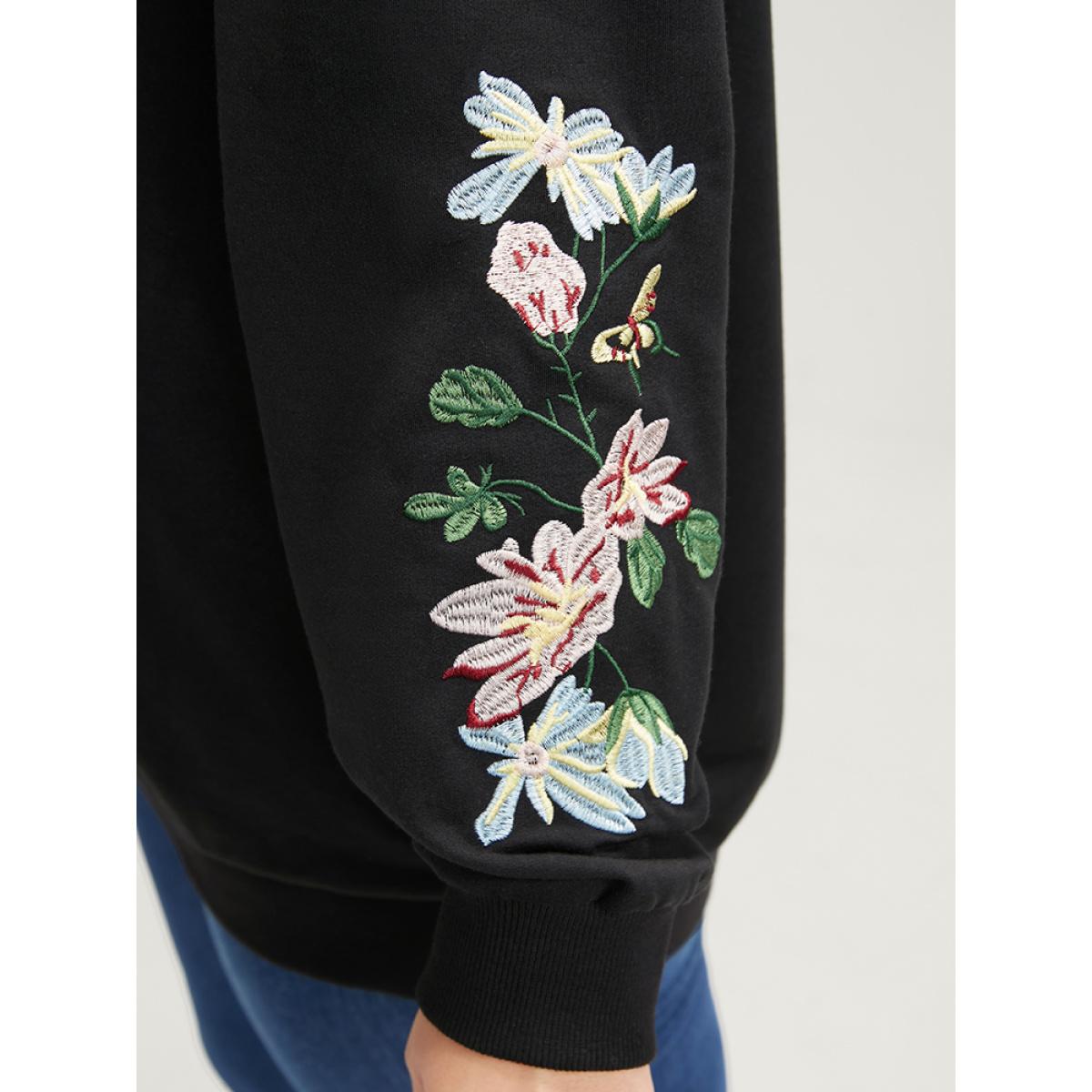 Plus Size Floral Embroidered V Neck Drop Shoulder Sweatshirt Women Black Casual Embroidered V-neck Dailywear Sweatshirts BloomChic 12/L Product Image