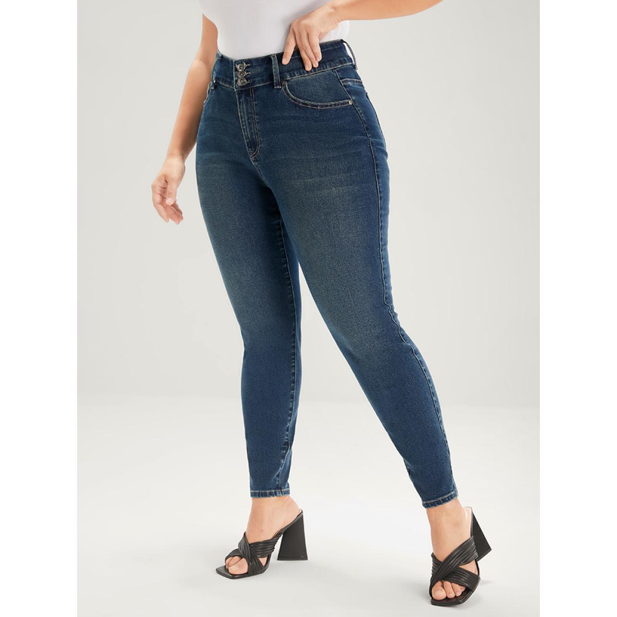 Plus Size Skinny Very Stretchy Mid Rise Dark Wash Sculpt Waist Jeans Women DarkBlue Casual Plain Tummy control High stretch Pocket Jeans BloomChic 24/3X Product Image