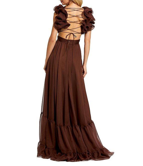Ieena Mac Duggal Chiffon V-Neck Sleeveless Cut-Out Strappy Back Detail Tiered Ruffle Hem Gown Product Image