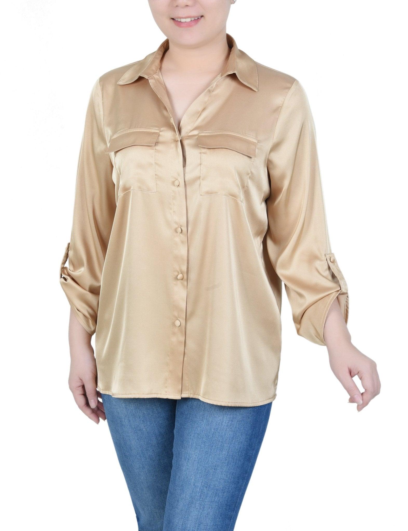 3/4 Length Sleeve Roll Tab Satin Blouse - Petite Product Image