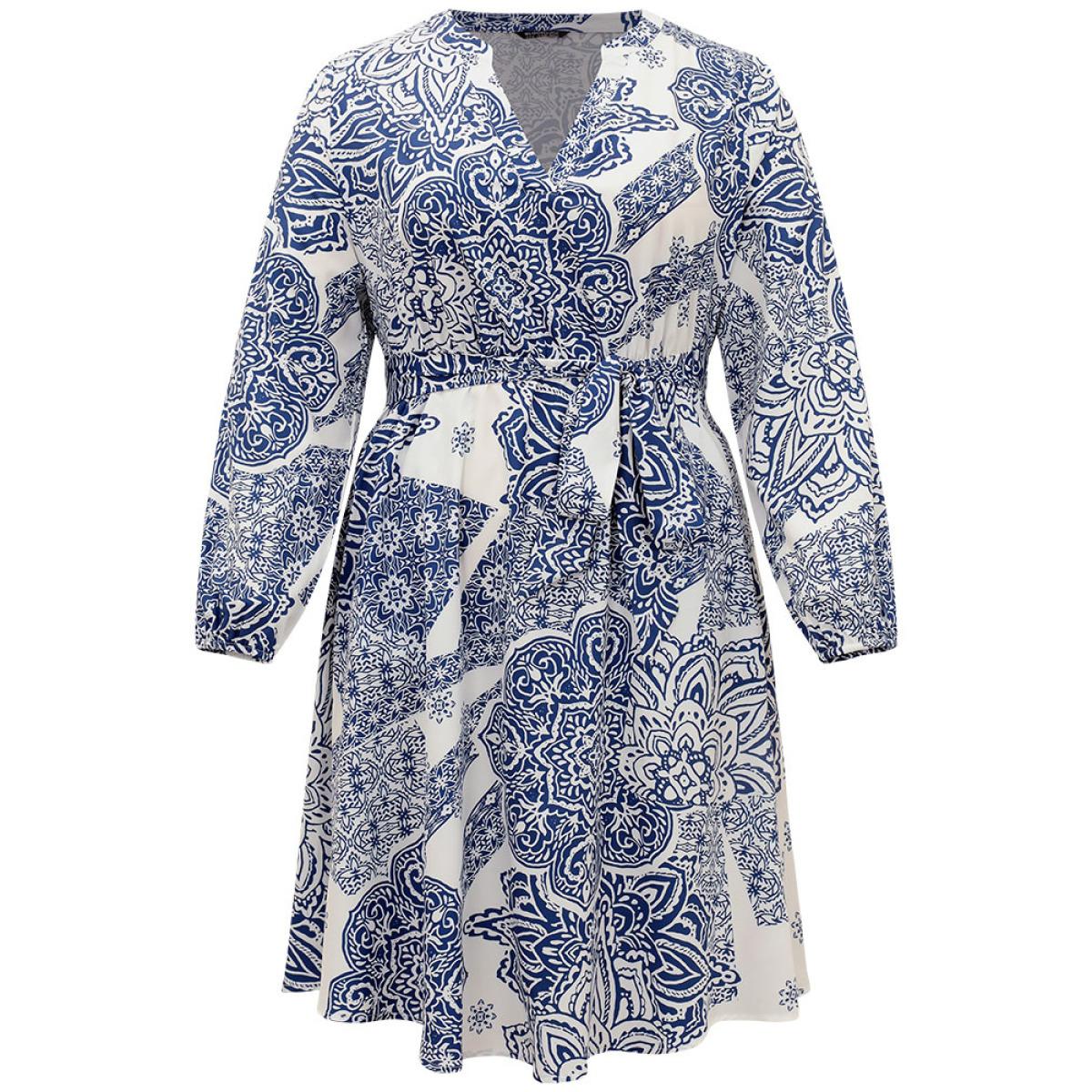 Plus Size Bandana Print Notched Belted Dress Blue Women Vacation Elastic cuffs Notched collar Long Sleeve Curvy Midi Dress BloomChic 22-24/3X Product Image