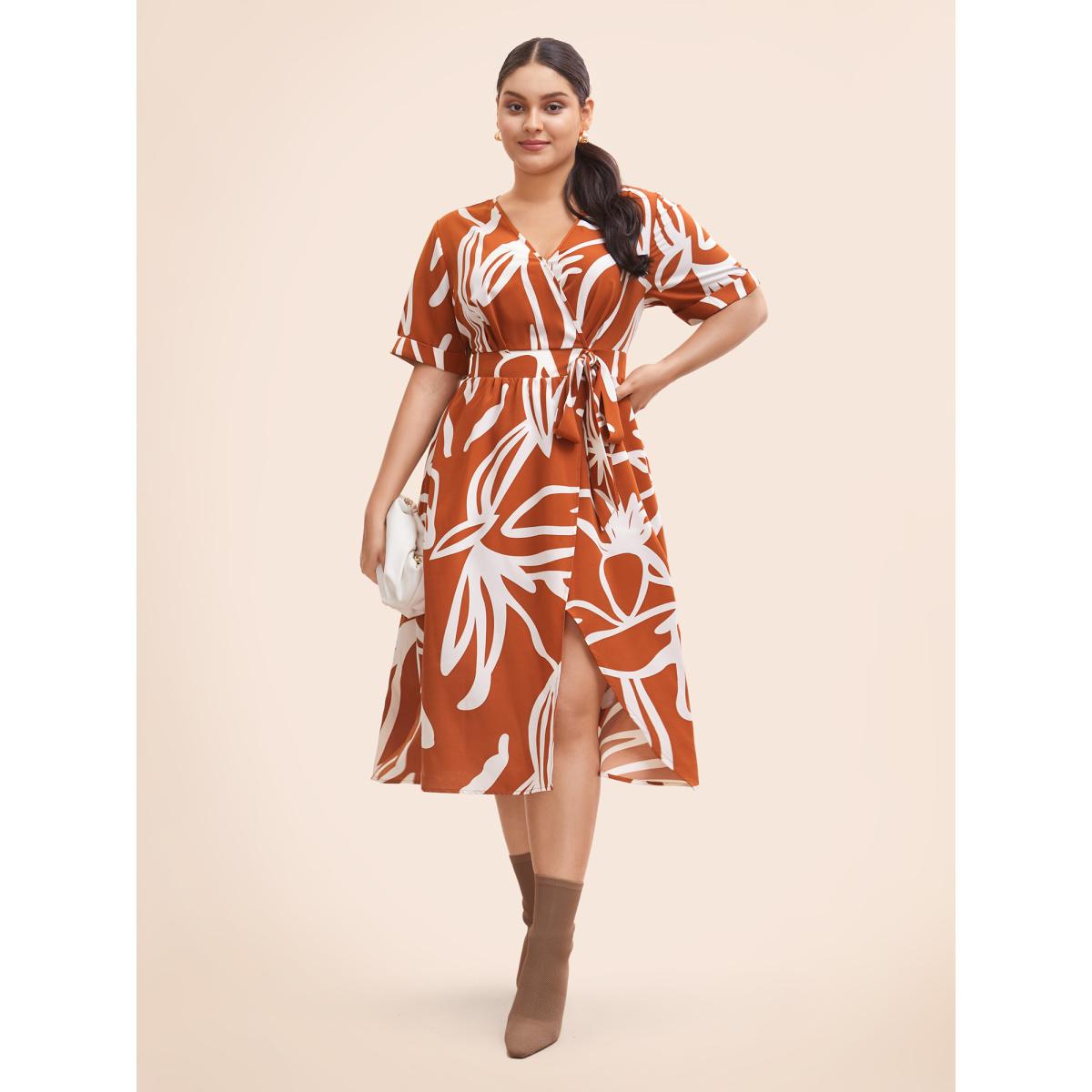 Plus Size Graffiti Overlap Collar Shirred Midi Dress Coral Women At the Office Overlapping Overlap Collar Short sleeve Curvy BloomChic 26/4X Product Image