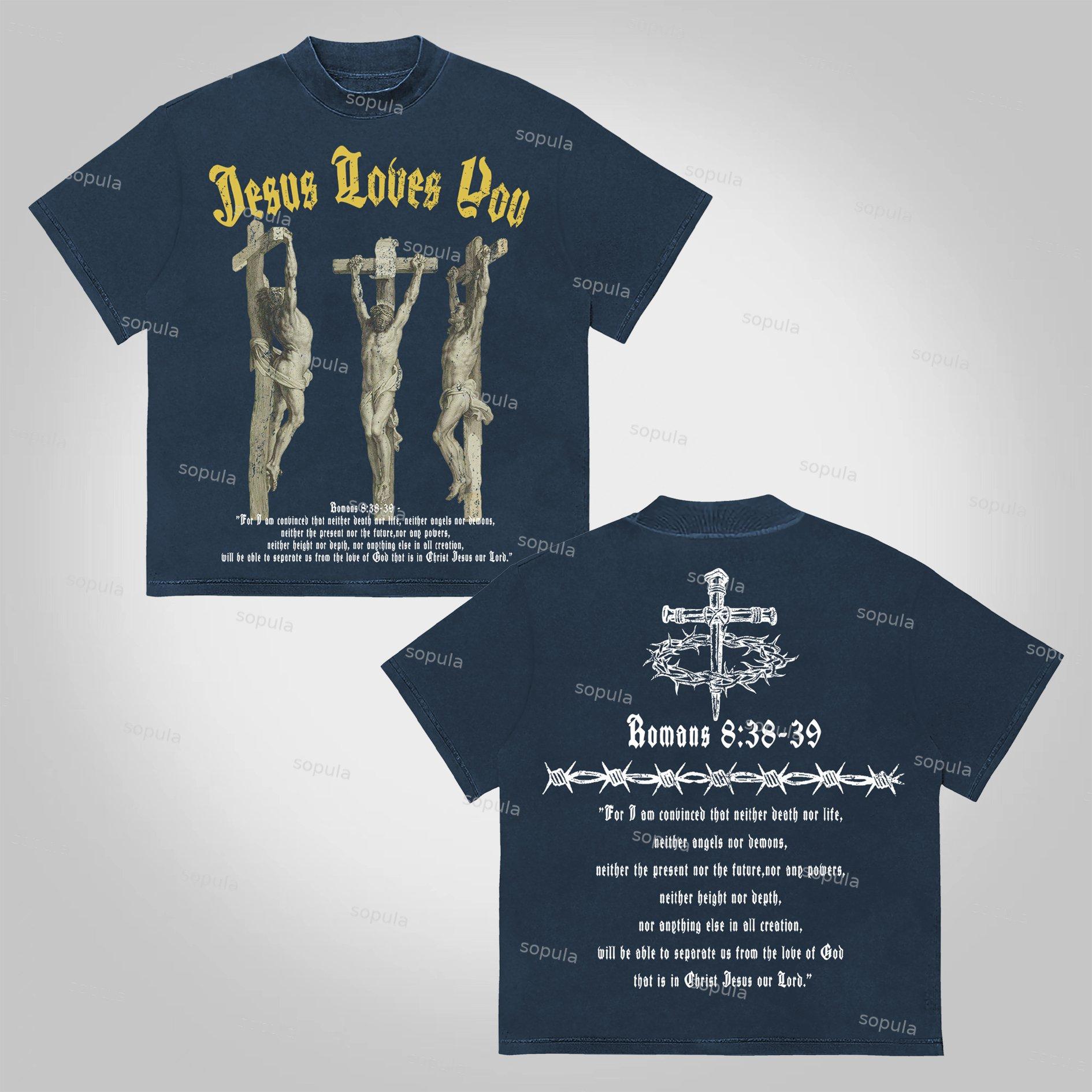 Sopula Jesus Portrait Jesus Loves You Bible Graphic Print Cotton T-Shirt Product Image