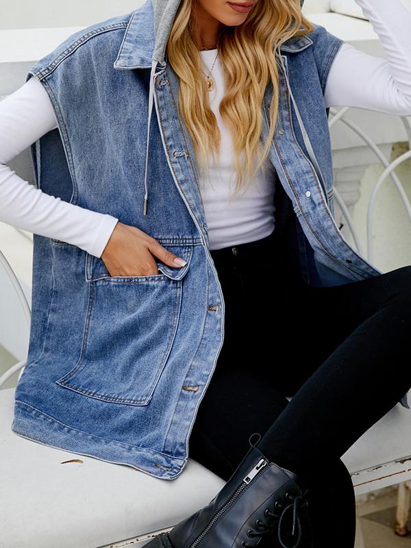 Loose Sleeveless Buttoned Detachable Hooded Pockets Split-Joint Lapel Collar Vest Outerwear Product Image