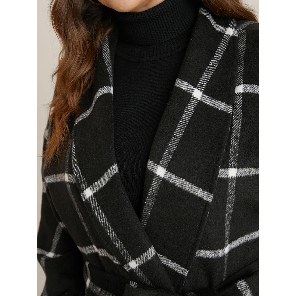 Plus Size Plaid Lapel Collar Pocket Belted Open Front Coat Women Black Elegant Ladies Dailywear Winter Coats BloomChic 30/6X Product Image