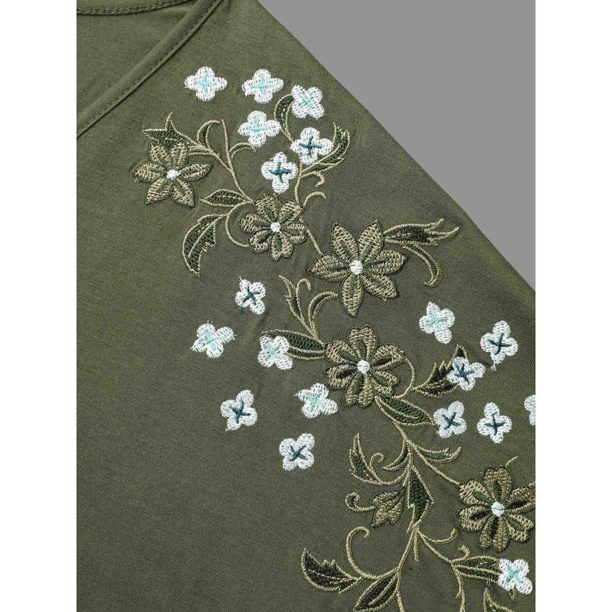 Plus Size Stretchy Embroidered Drop Shoulder T-Shirt ArmyGreen Women Timeless Roll Hem V-neck Elegant T-shirts BloomChic 22-24/3X Product Image