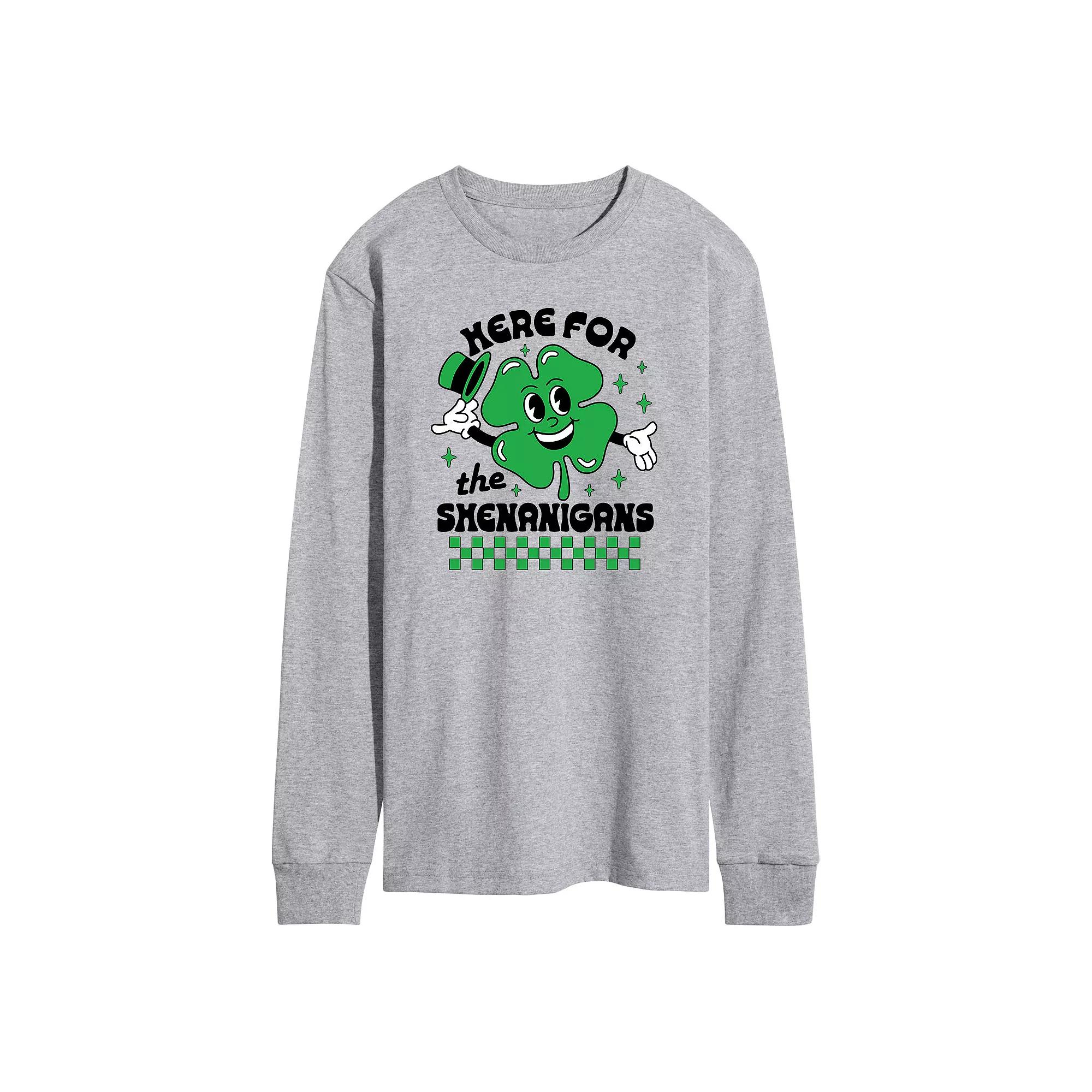 Mens Here for the Shenanigans Long Sleeve Graphic Tee Athletic Grey Product Image