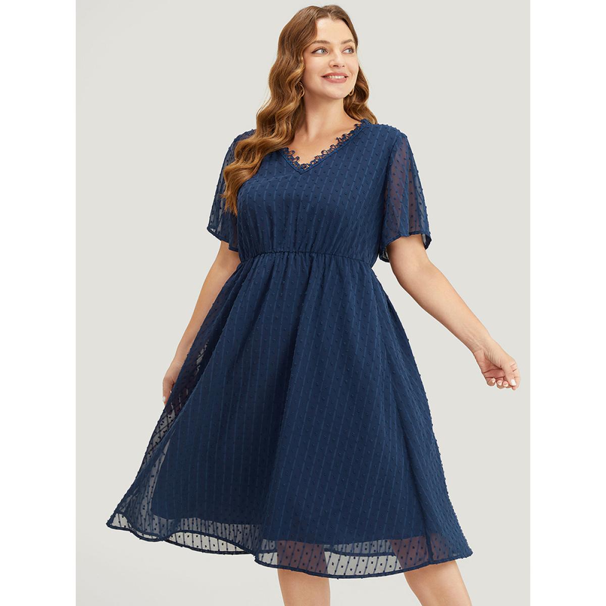 Plus Size Polka Dot Mesh Ruffle Sleeve Lace Trim Pocket Belted Dress Navy Women Elegant See through V-neck Short sleeve Curvy Midi Dress BloomChic 28/5X Product Image