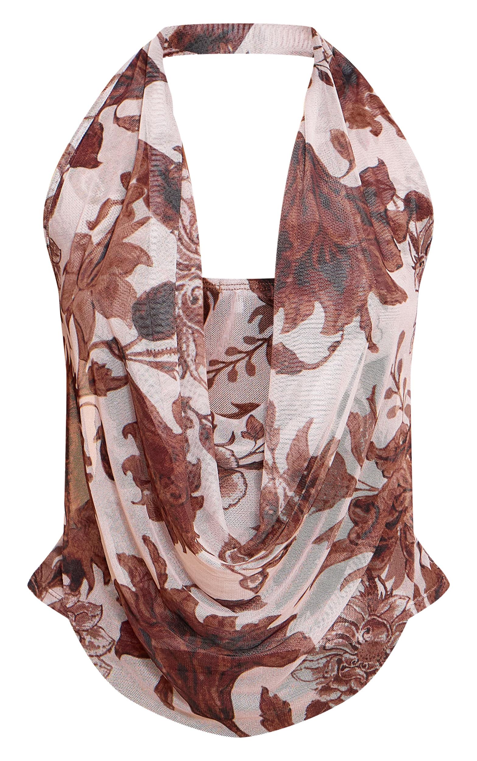 Brown Floral Printed Mesh Halter Neck Top Product Image