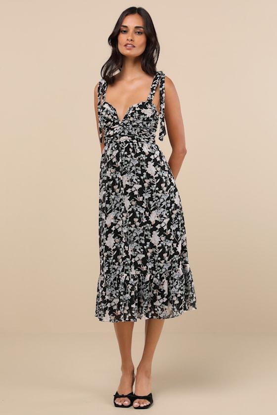 Lush Loveliness Black Floral Lurex Tie-Strap Midi Dress Product Image