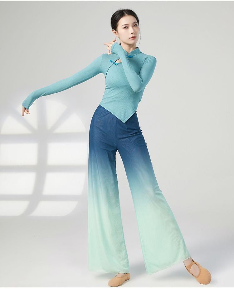 Long-Sleeve Mock Neck Plain Asymmetrical Dance Top Product Image