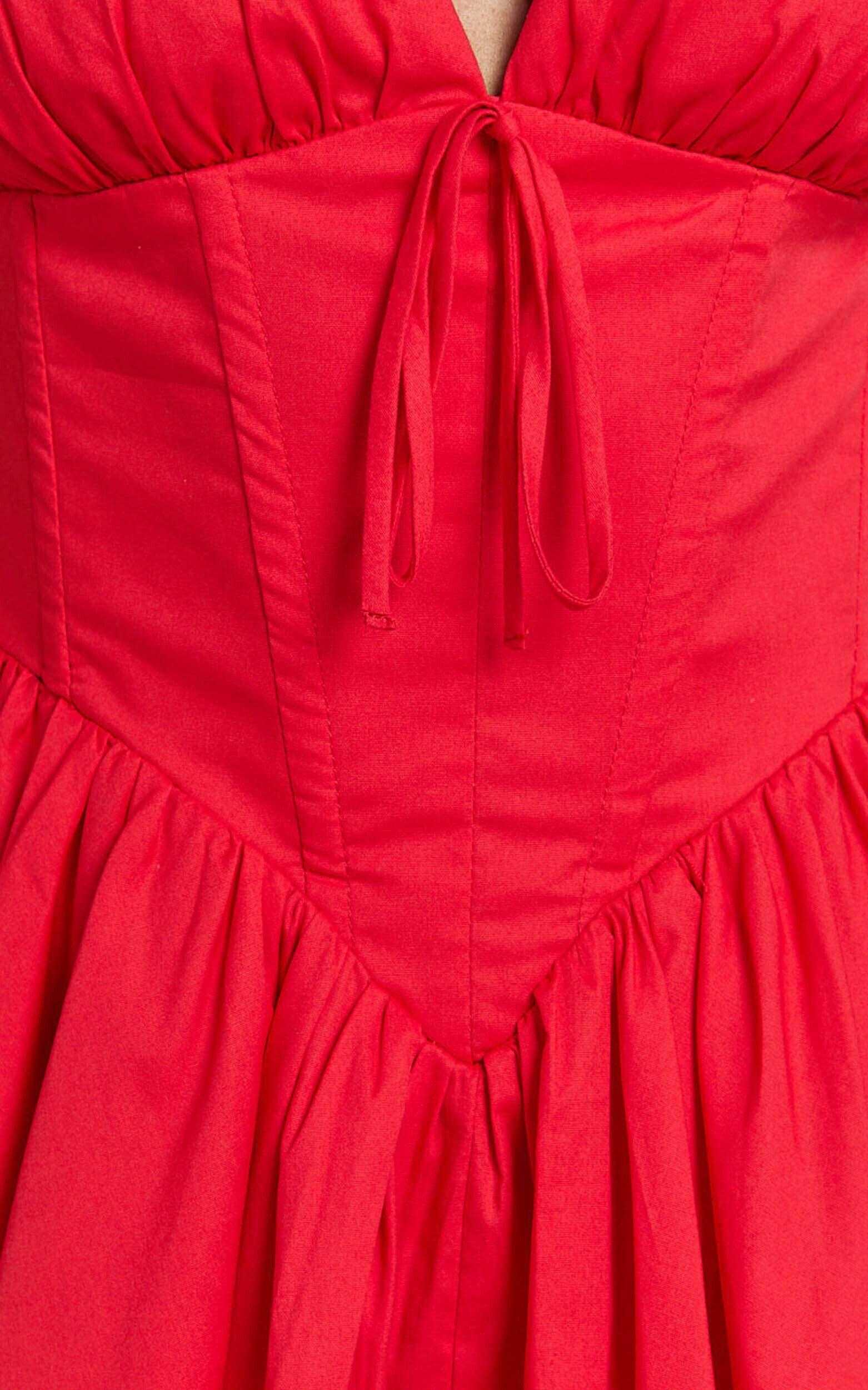 Madeline Mini Dress - V Neck Corset Waist Gathered Full Skirt Dress in Red Product Image