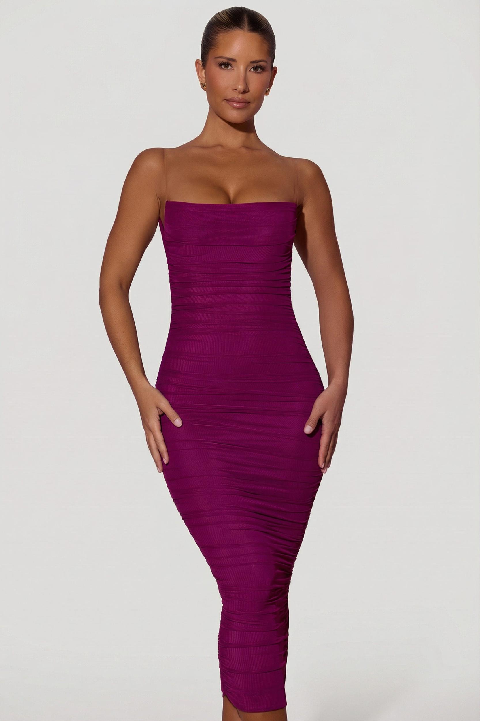 Ruched Backless Bodycon Midaxi Dress in Plum Product Image