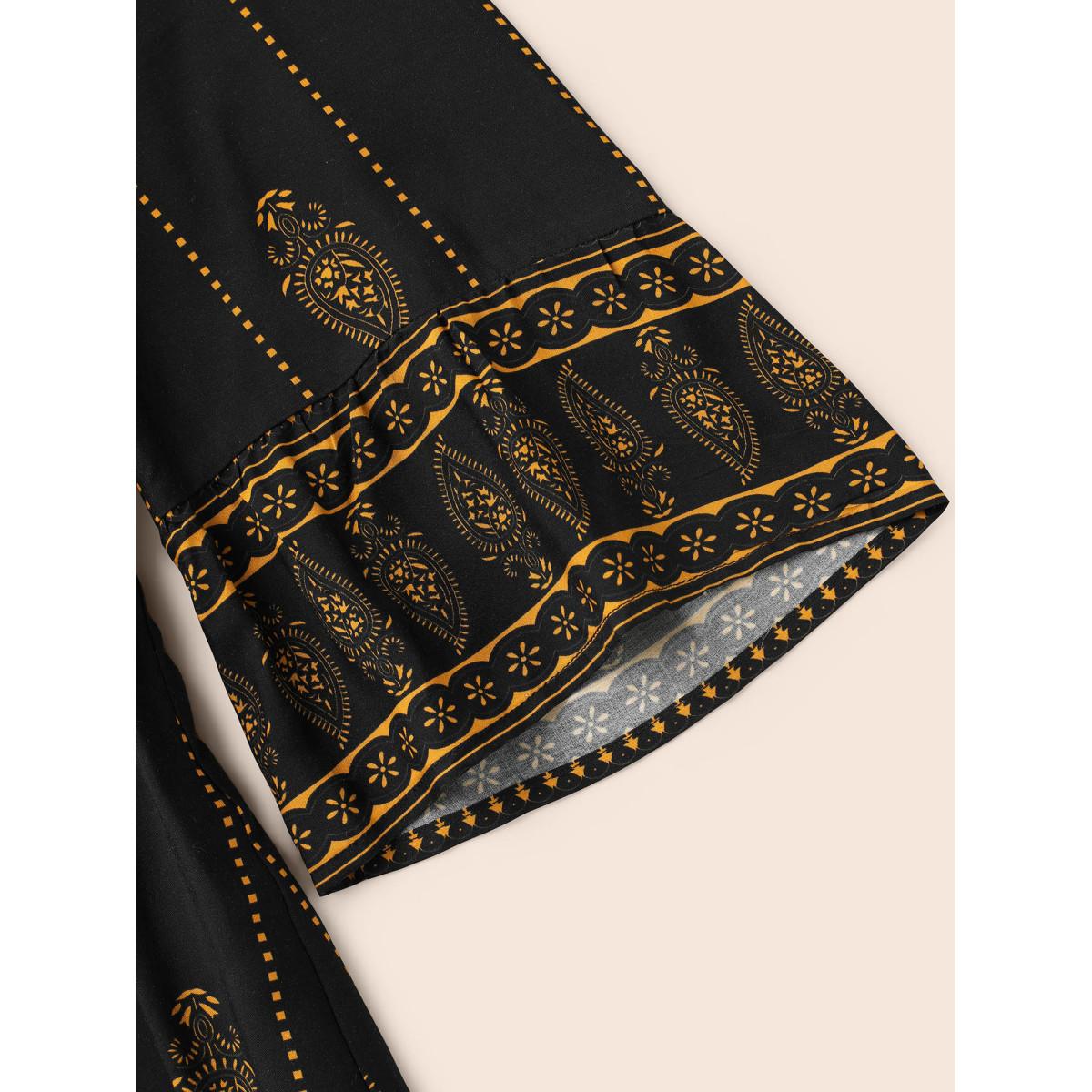 Plus Size Black Boho Print Lace Up Bell Sleeve Blouse Women Elegant Elbow-length sleeve V-neck Everyday Blouses BloomChic 14-16/1X Product Image