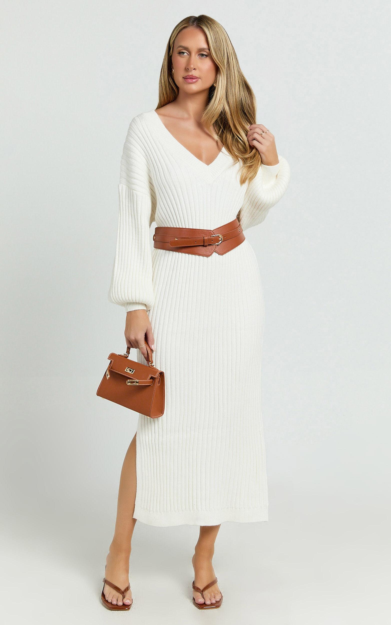 Kartia Midi Dress - V Neck Knit Dress in Off White Product Image