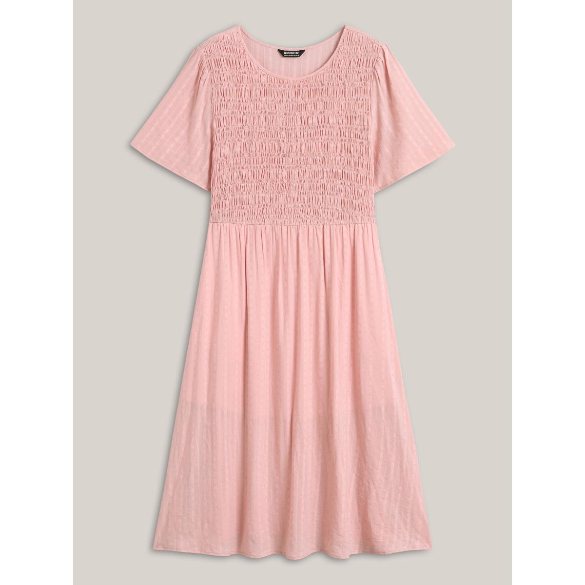 Plus Size Cotton Textured Shirred Bodice Pleated Midi Dress Crepe Women Resort Round Neck Sleeveless Curvy BloomChic 18-20/2X Product Image