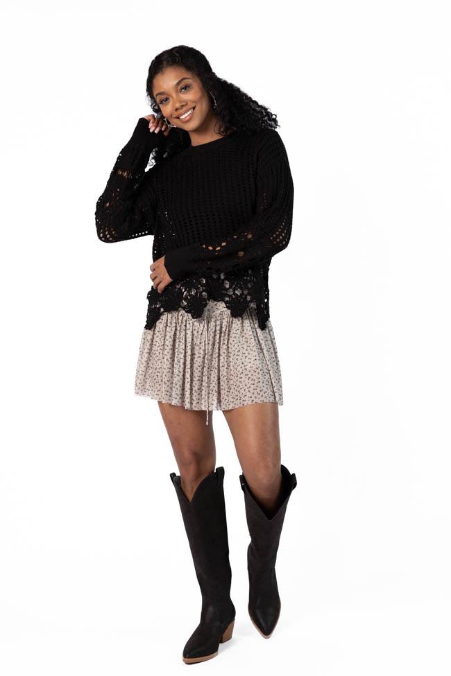 A Little Dramatic Black Flower Trim Crochet Sweater FINAL SALE Product Image