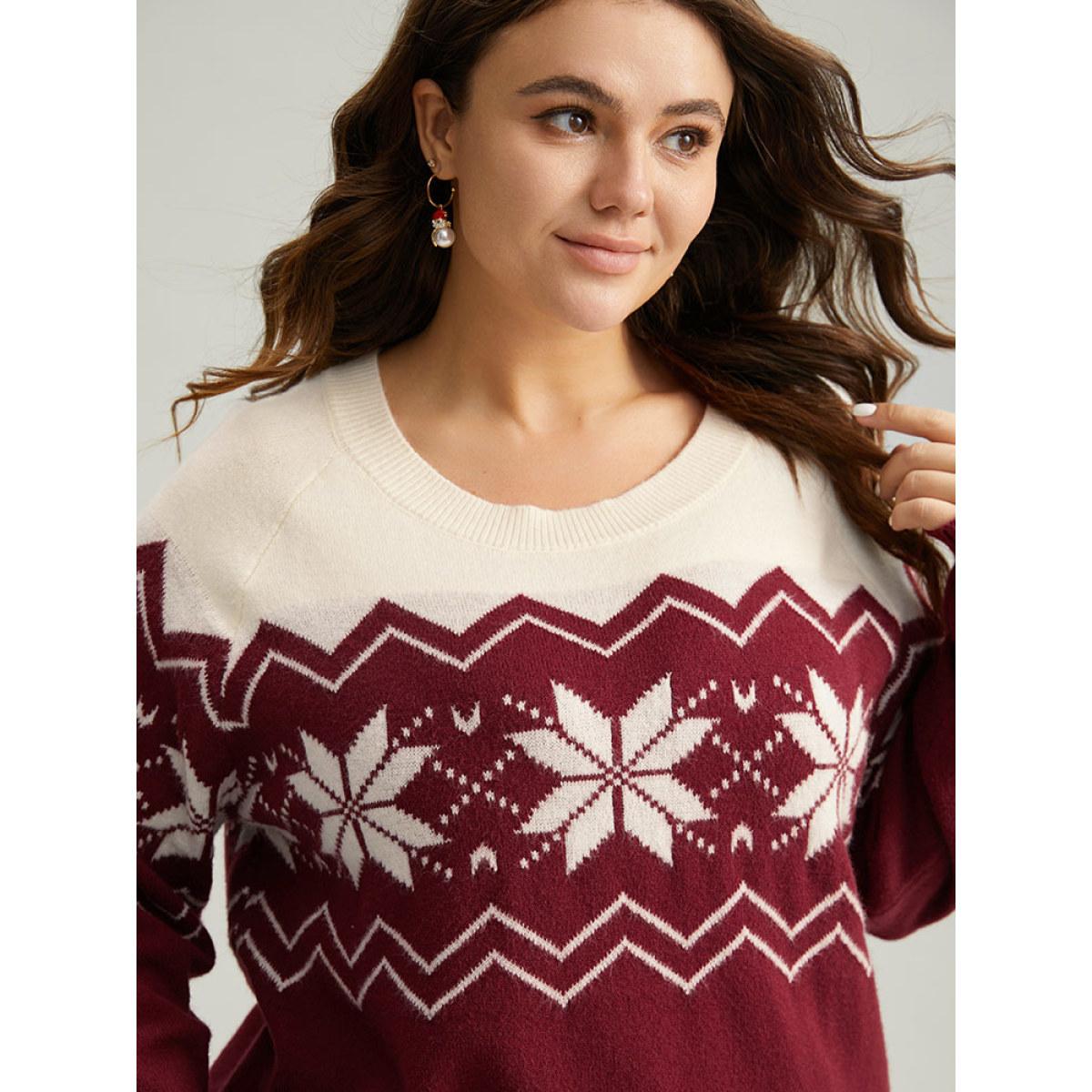Plus Size Supersoft Essentials Snowflake Colorblock Pullover Scarlet Women Casual Loose Long Sleeve Round Neck Festival-Christmas Pullovers BloomChic 18-20/2X Product Image