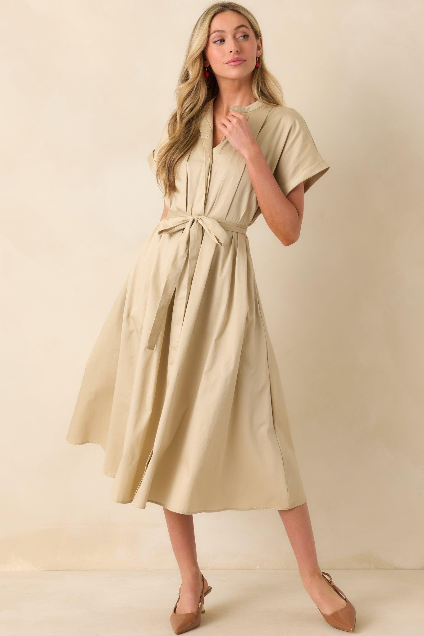 Late Nights Beige Cotton Button Front Midi Dress Product Image