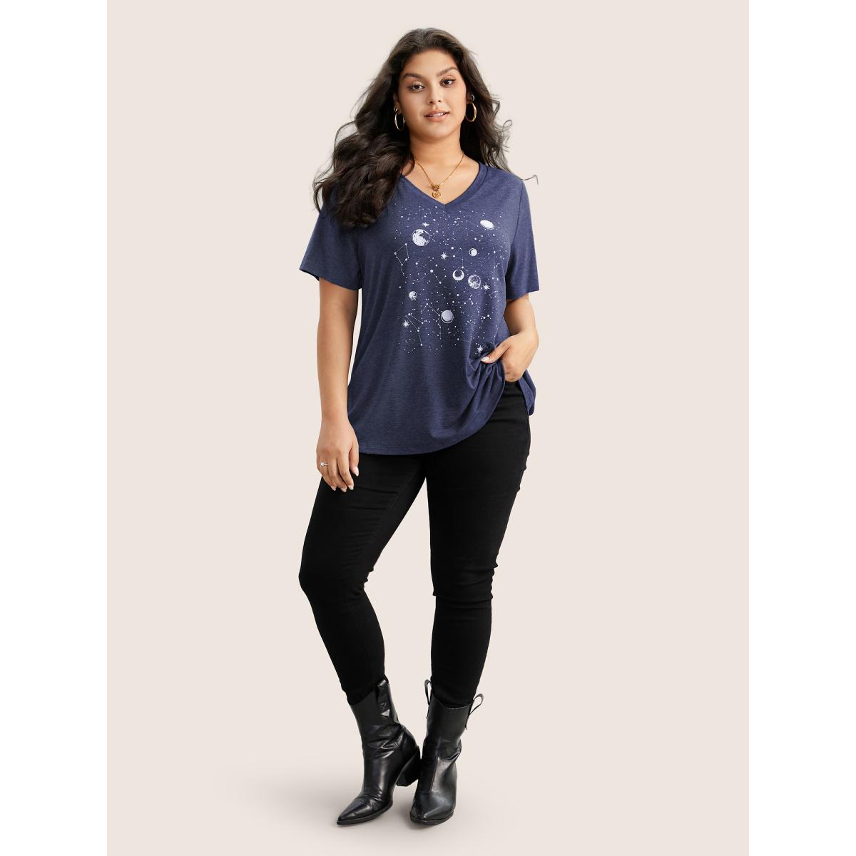 Plus Size Moon and Star Print V Neck T-shirt DarkBlue Women Leisure Non Star and moon V-neck Casual T-shirts BloomChic 14-16/1X Product Image