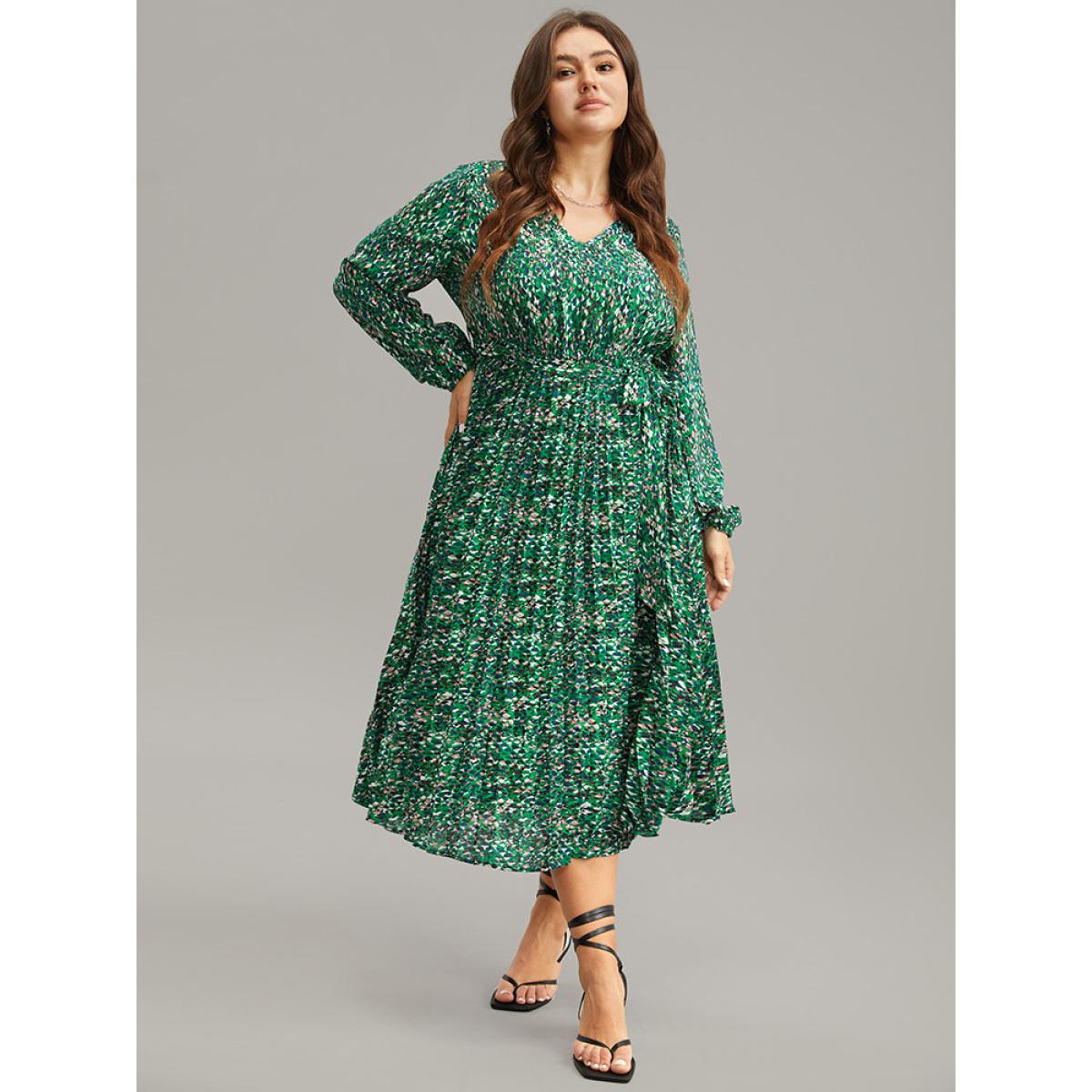 Plus Size Ditsy Floral Belted Pleated Dress Cyan Women Glamour Belted V-neck Long Sleeve Curvy Midi Dress BloomChic 22-24/3X Product Image