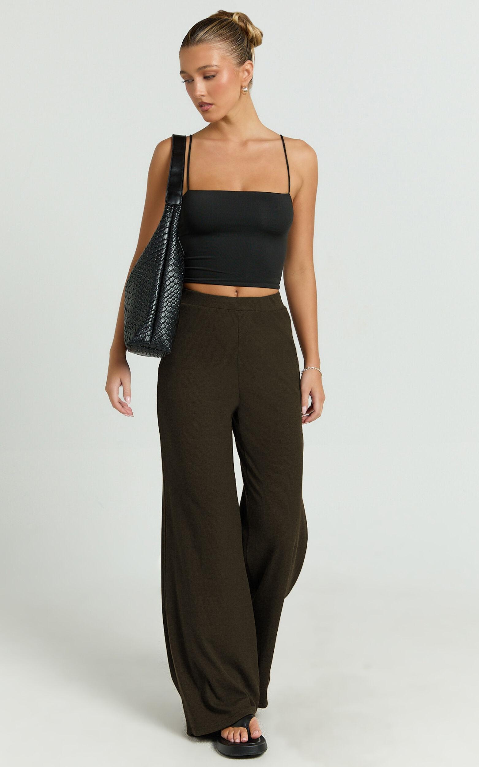 Amalthea Pants - High Waisted Jersey Rib Wide Leg Pants in Chocolate Product Image