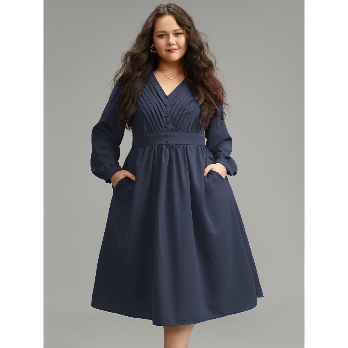 Plus Size Twill Pleated Beaded Long Sleeve Dress DarkBlue Women Elegant Plain V-neck Long Sleeve Curvy Midi Dress BloomChic 22-24/3X Product Image
