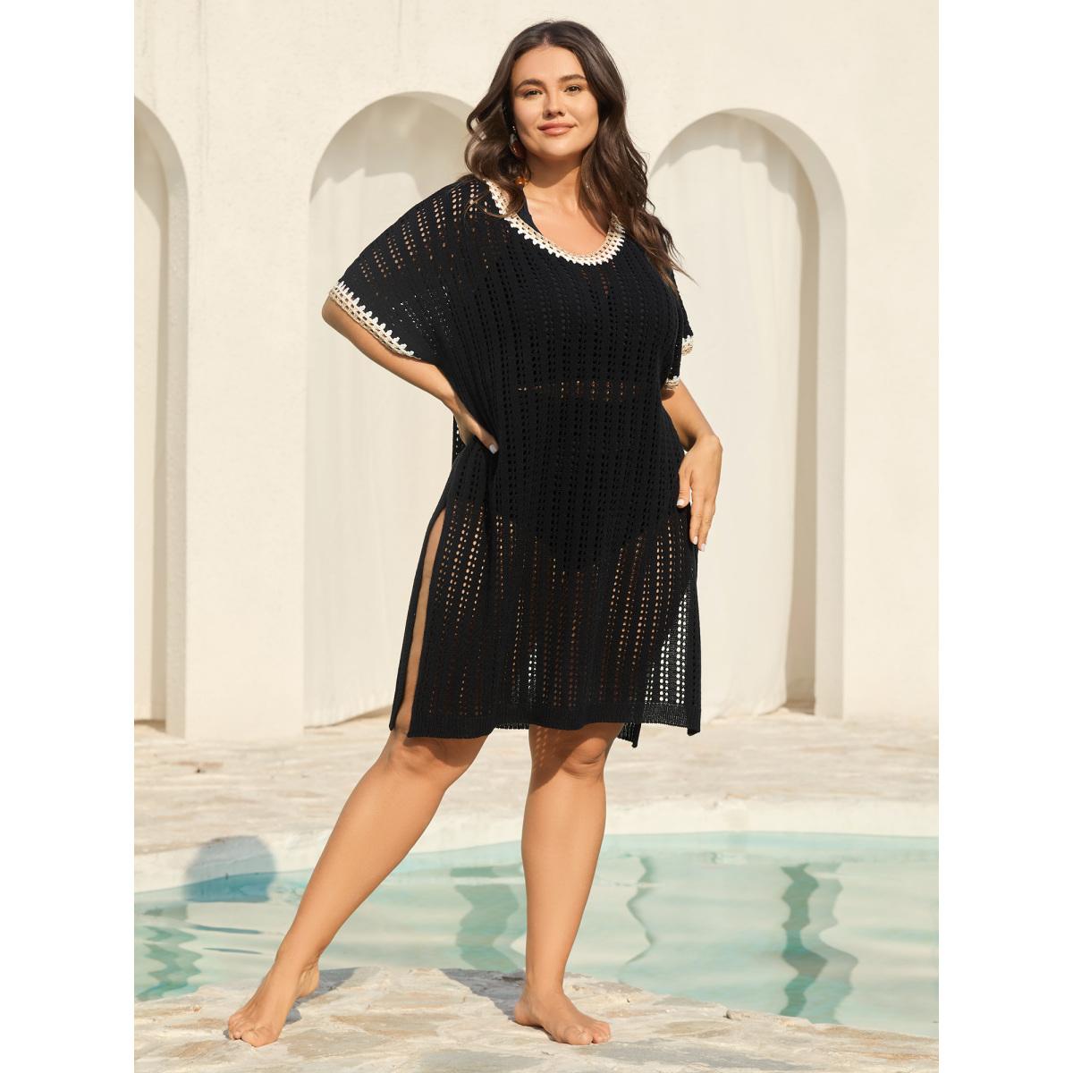 Plus Size Crochet Floral Embroidery Slit Swim Cover-Up Women's Swimwear Black Resort Loose Texture Curve Swim Cover Ups BloomChic 28/5X Product Image
