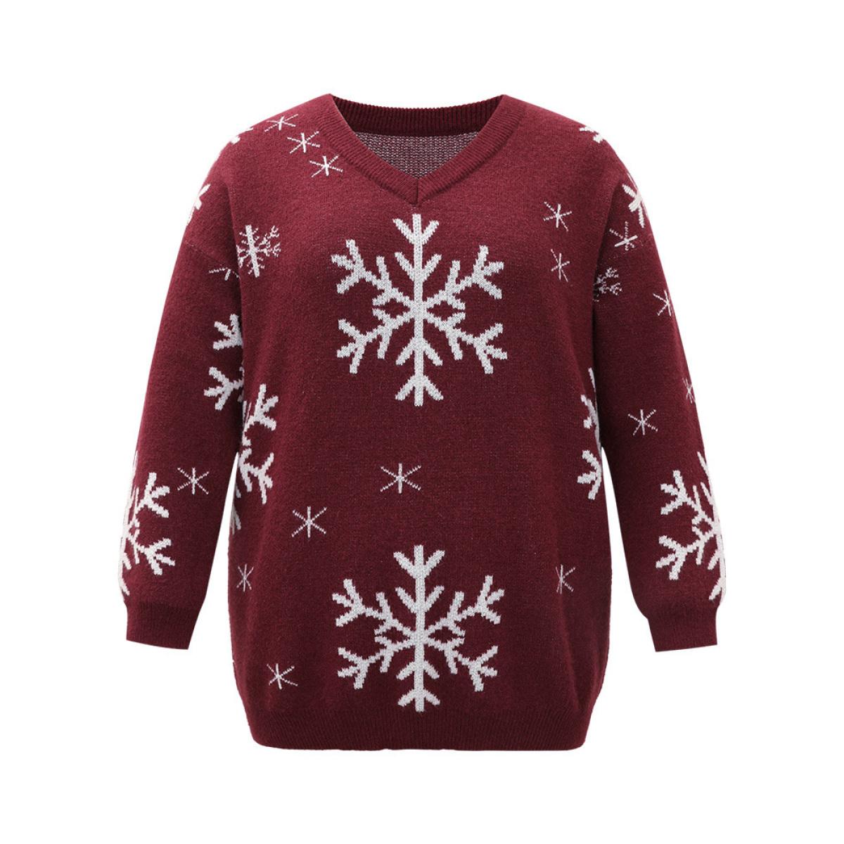 Plus Size Anti-Pilling Snowflake Print Pullover Scarlet Women Playful Loose Long Sleeve V-neck Casual Pullovers BloomChic 28/5X Product Image