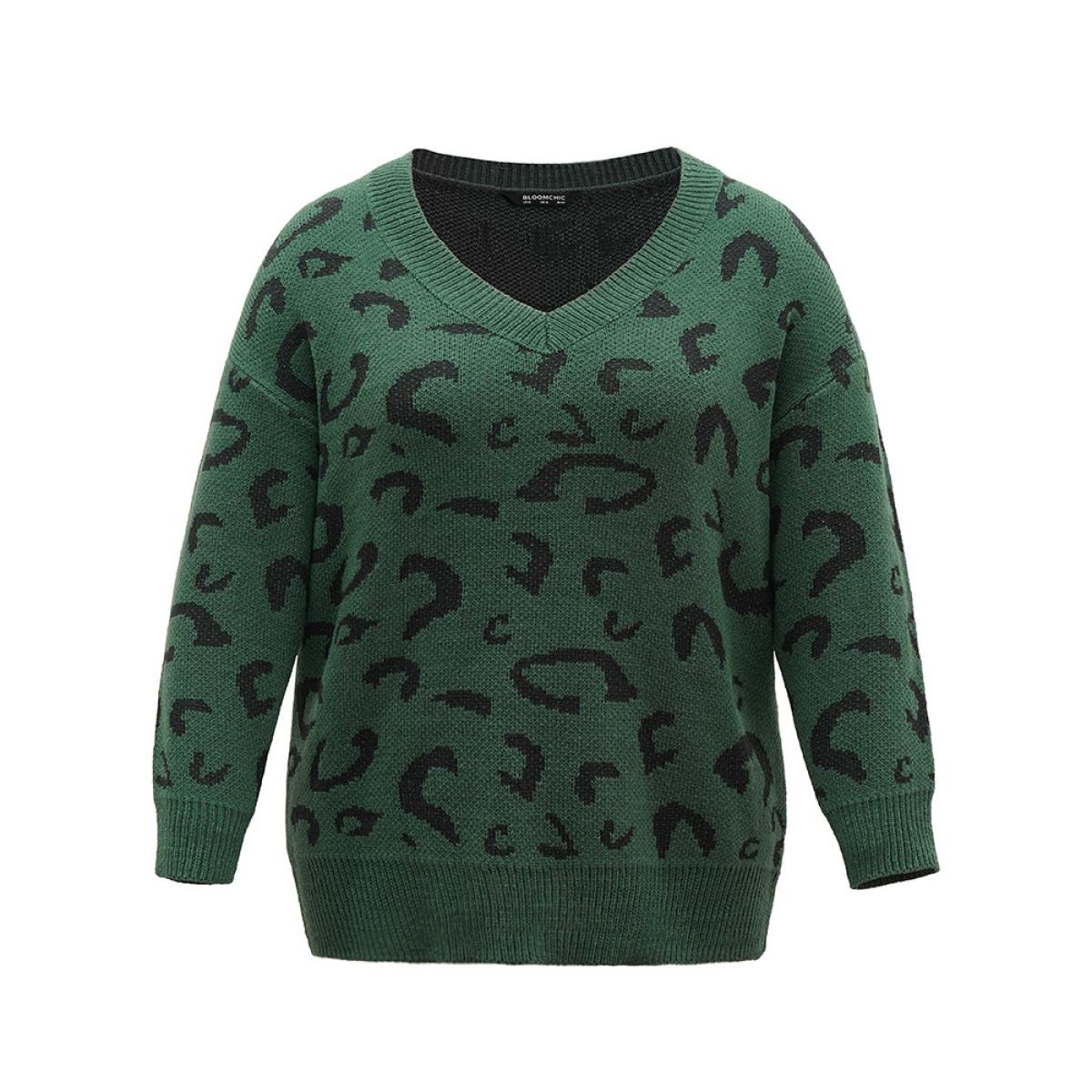 Plus Size Supersoft Essentials Leopard Print Drop Shoulder Pullover DarkGreen Women Casual Loose Long Sleeve V-neck Dailywear Pullovers BloomChic 30/6X Product Image