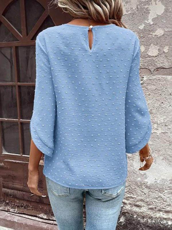 Loose Three-Quarter Sleeves Hollow Jacquard Split-Joint Round-Neck T-Shirts Product Image