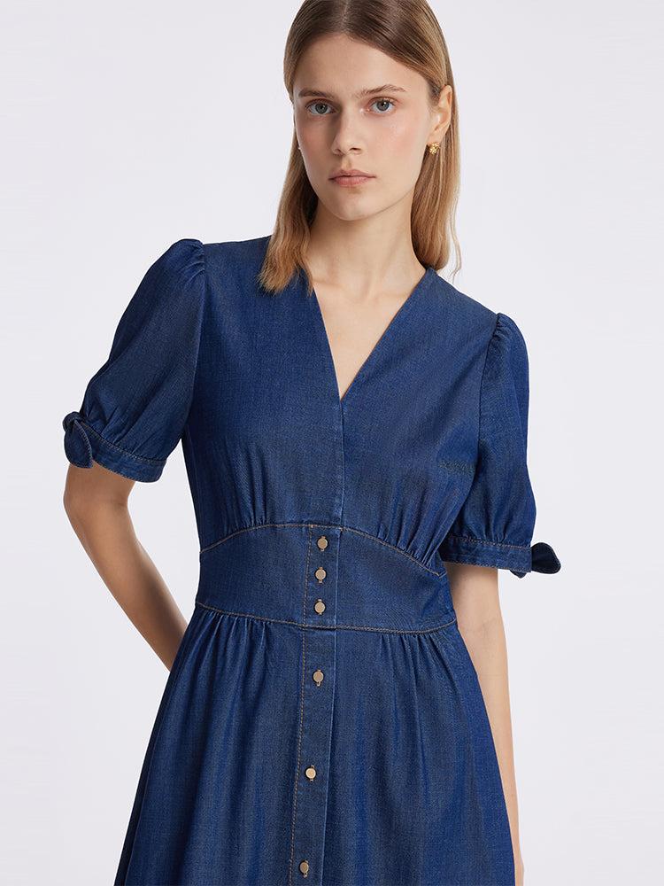 Gathered Waist Denim Women Midi Dress Product Image