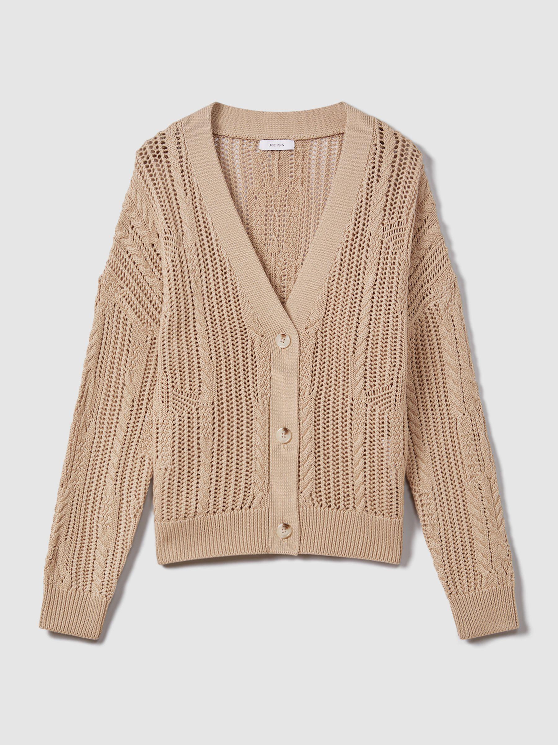 Cotton Blend Open Stitch Cardigan in Neutral Product Image