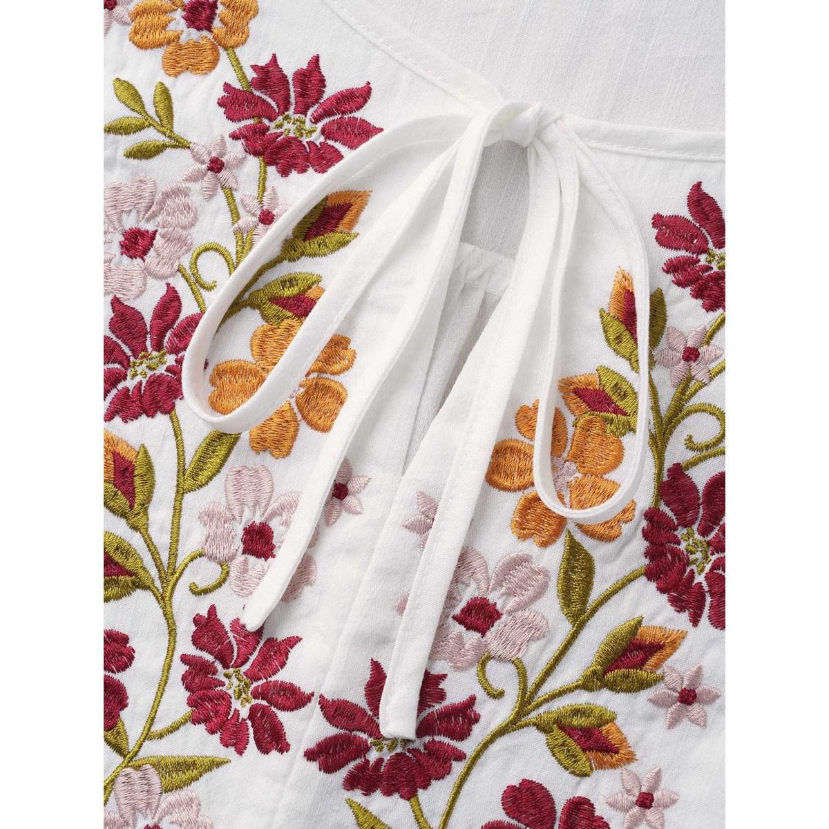 Plus Size Originalwhite Floral Embroidered Tie Knot Lantern Sleeve Blouse Women Resort Elbow-length sleeve V-neck Vacation Blouses BloomChic 30/6X Product Image